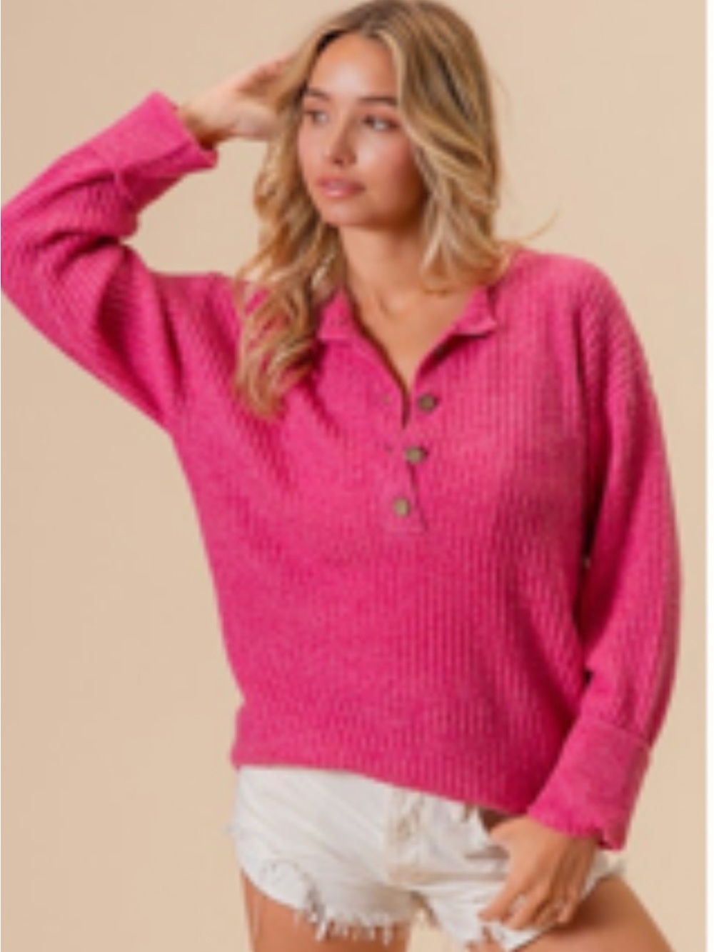 BiBi Ribbed Henley Button Top - Rose